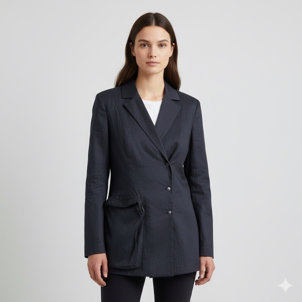 Sarah Pacini Navy Blue Linen Blend Longline Blazer - Small, made in Italy 🇮🇹